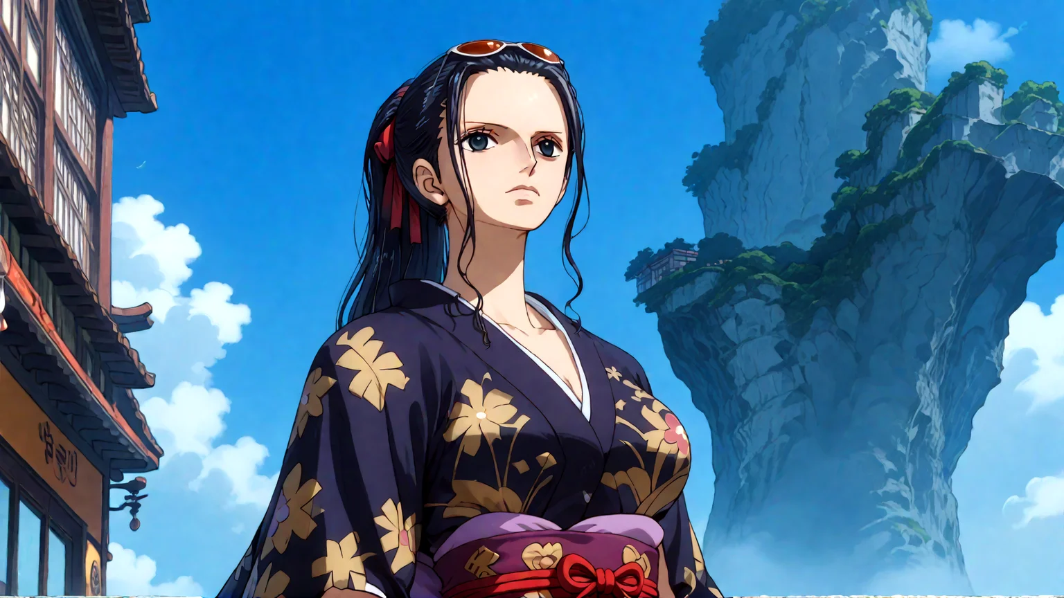 score_9,score_8_up, score_8, source_anime,
1girl, solo, nico robin, NicoRobinKimono, 1girl, japanese clothes, kimono, black hair, sash, obi, hair ribbon, long hair, black eyes, ponytail, large breasts, cowboy shot, anime screen cap, loose clothes, shamisen,