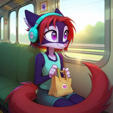 Dreamkeepers,Indi_and_Digo,1girl,solo,furry,tail,source_furry,,red hair,purple fur, purple eyes,masterpiece,
kid, child,
indoors, train, window, looking_out_window, sitting, casual_clothing, warm_sunlight, motion_blur, peaceful_expression, gentle_smile, headphones, holding_bag, soft_focus, detailed_background