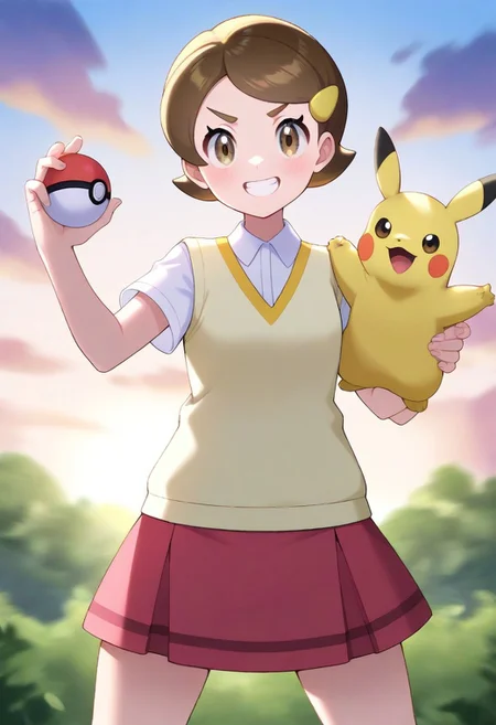2d, masterpiece, best quality, amazing quality, highres, absurdres, newest, smile, grin, cowboy shot, upper body, sky, clouds, woods, nature, 1girl. solo, kohai, short hair, brown hair, brown eyes, hairclip, yellow sweater vest, holding pokemon, giving viewer, legs apart, v-shaped eyebrows, challenge, masterpiece,best quality,newest,absurdres,highres,