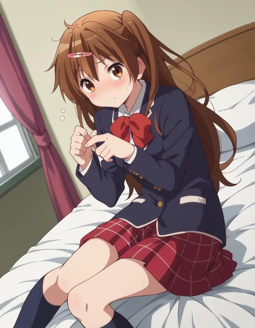 score_9, score_8_up, score_7_up, source_anime,
shinkanibutani, <lora:shinka-nibutani-s2-ponyxl-lora-nochekaiser:1>,
shinka nibutani, long hair, brown hair, hair ornament, brown eyes, hairclip, one side up,
skirt, school uniform, jacket, plaid, kneehighs, plaid skirt, blazer, icho private high school uniform, blue blazer,
indoors, bed, bed room, on side, blush, drunk,
looking at viewer, cowboy shot, dutch angle, solo,
