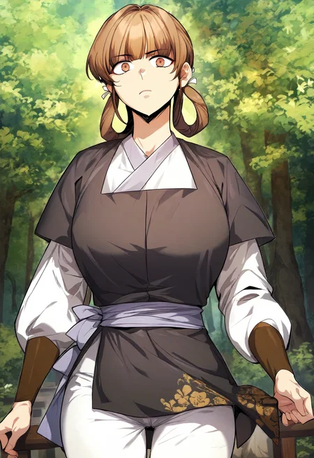 score_9, score_8_up, score_7_up, score_6_up, source_anime, rating_explicit, 1girl, (solo:1.1), huge breasts, <lora:Yoo Soorin prefectPonyxl:1> brown hair, hair rings, brown eyes, hair ribbon, twintails, clothes1, chinese clothes, white clothes, black dress, sash, short over long sleeves, white pants, expressionless, forest, outdoors, looking at viewer, standing, close-up