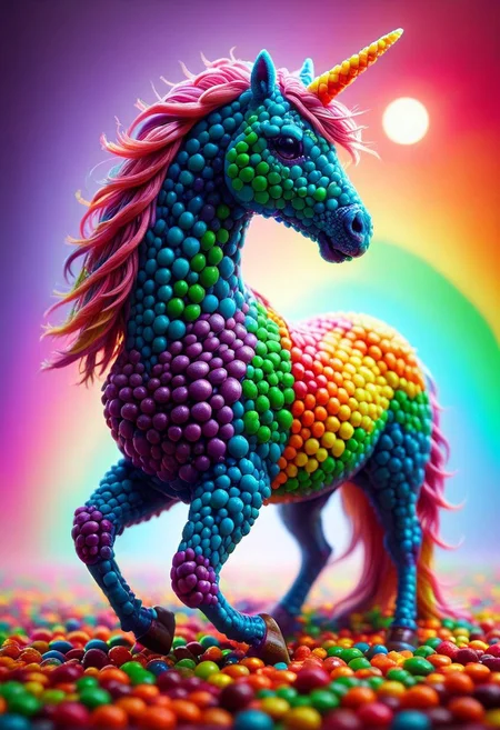 An epic photo of a unicorn made of skittles, Taste the Rainbow, neon color, perfect anatomy, masterpiece, best quality, highly detailed, sharp focus, dynamic lighting, flux-style,