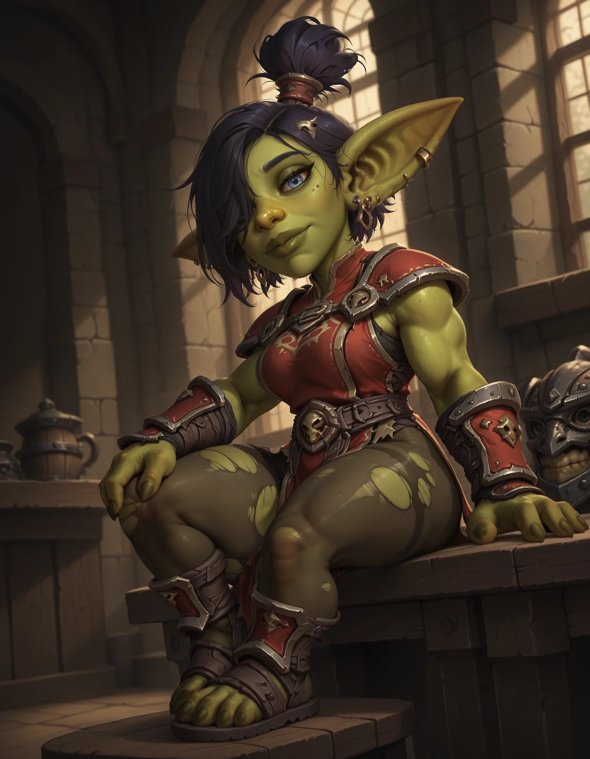 masterpiece, best quality, amazing quality, very aesthetic, absurdres, newest, <lora:WoW_GoblinGTb:0.70>, <lora:Gobbo_Style_Type2a:0.75>, gobbostyle2, wowgobbostyle, indoors, volumetric lighting. fantasy, torches,
1girl, female goblin, head tilt, muscular female, nose, lips, pointy ears, sitting on table, armor, hand on knee, looking at viewer, earrings, hair over one eye, hair ornament, from side, topknot, torn pantyhose, 4 toes, sandals, tabard,