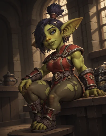masterpiece, best quality, amazing quality, very aesthetic, absurdres, newest, <lora:WoW_GoblinGTb:0.70>, <lora:Gobbo_Style_Type2a:0.75>, gobbostyle2, wowgobbostyle, indoors, volumetric lighting. fantasy, torches,
1girl, female goblin, head tilt, muscular female, nose, lips, pointy ears, sitting on table, armor, hand on knee, looking at viewer, earrings, hair over one eye, hair ornament, from side, topknot, torn pantyhose, 4 toes, sandals, tabard,