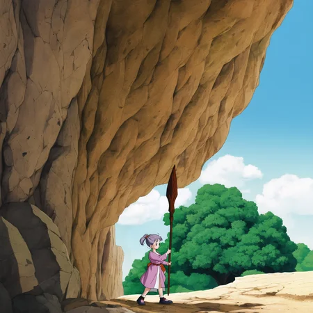 akiratoriyama art style, 1girl, a girl walking in a cave, holding a spear by the handle, gi, solo,
