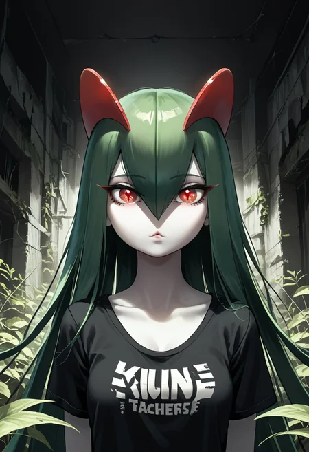 (((Kirlia))), female, anthro, pale white skin, score_9,score_8_up,score_7_up, masterpiece, best_quality, ultra-detailed, masterpiece, 1girl, solo, kirlia, black hair, very long hair, red eyes, cute, perfect face, thick eyeliner, hourglass body, high quality, low light, dramatic lighting, darkness, intricate details, portrait, ((face focused)), wearing ripped dirty black t-shirt, detailed background, post-apocalypse background, ruined house, overgrown with plants, (perfect eyes:1.3,((cat pupils))),dvr-lnds-sdxl, combinestyle