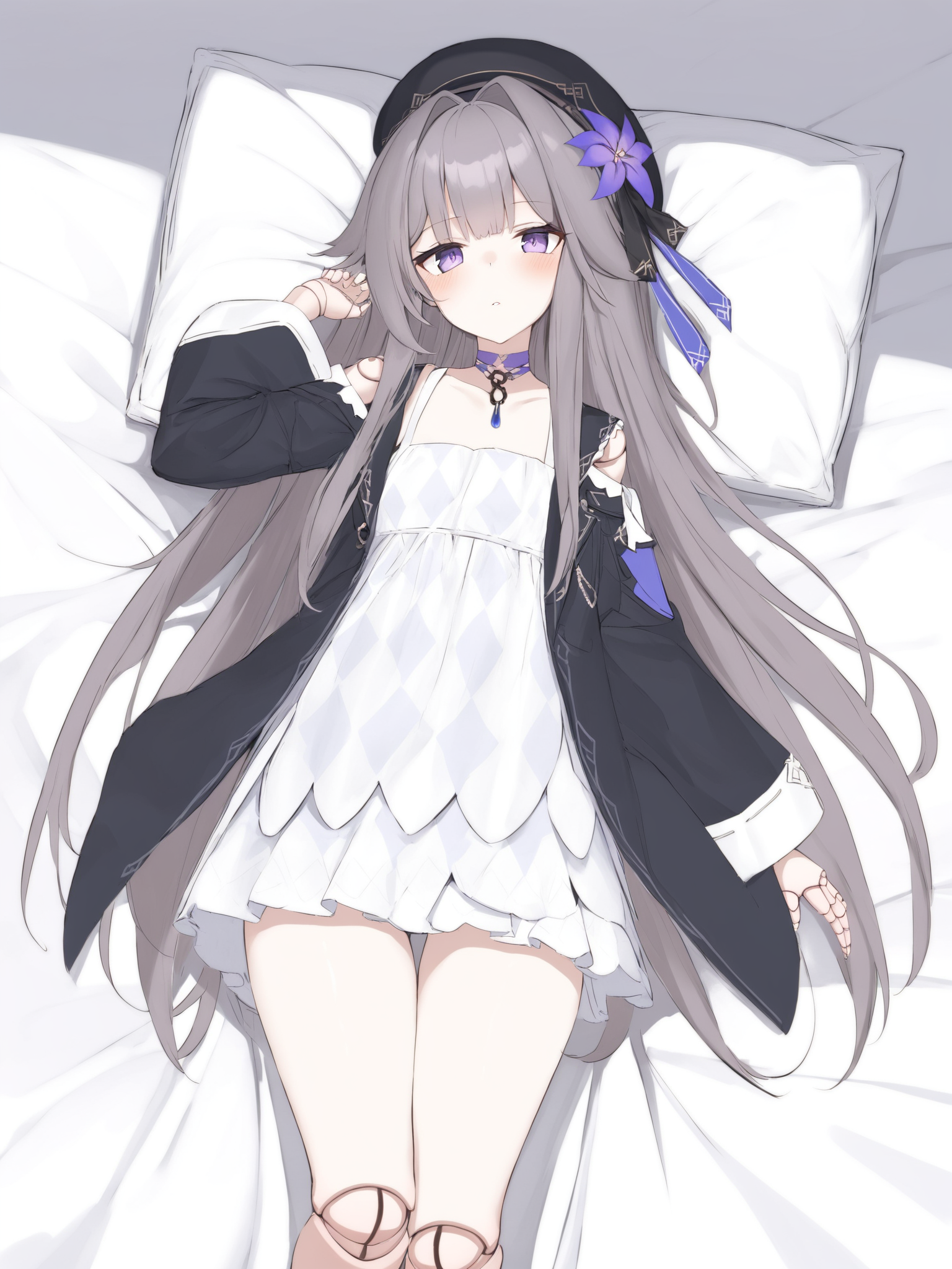 <lora:xl_herta(kohaku_Delta):1>,herta is a girl with gray long hair purple eyes,1girl,solo,doll joints,on back,white dress,blush,pillow,parted lips,black headwear,looking at viewer,bed sheet,beret,wide sleeves,black jacket,choker,thighs,hand up,white headwear,long sleeves,open jacket,, masterpiece,best quality,