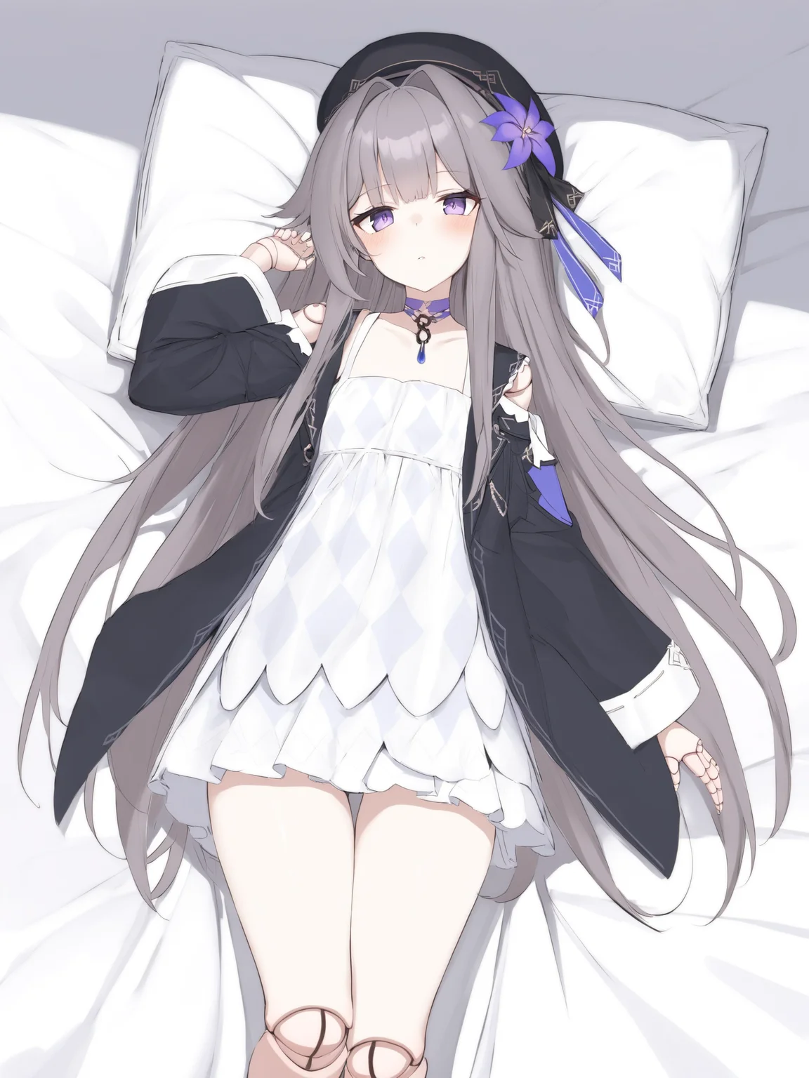 <lora:xl_herta(kohaku_Delta):1>,herta is a girl with gray long hair purple eyes,1girl,solo,doll joints,on back,white dress,blush,pillow,parted lips,black headwear,looking at viewer,bed sheet,beret,wide sleeves,black jacket,choker,thighs,hand up,white headwear,long sleeves,open jacket,, masterpiece,best quality,