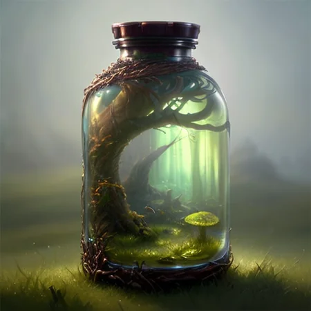 a jar with of a tiny marsh environment trapped inside. Low angle close up shot. Art by smoose2. Caustic reflections,  shadows. potionbottle