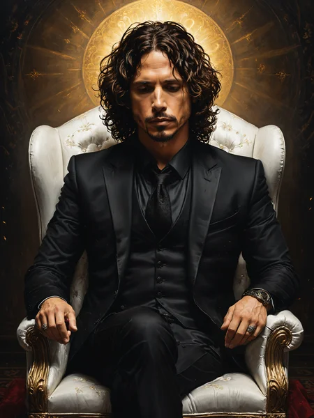 Renaissance style, picture of Chris Cornell wearing a black suit, sitting in a white chair, (eyes closed:1.3), , Realistic, perspective, light and shadow, religious or mythological themes, highly detailed very detailed, intricate, beautiful, dramatic lighting, masterpiece, trending on artstation, very very detailed, stunning, hdr, smooth, sharp focus, high resolution, award, winning photo, dslr, 5 0 mm <lora:Misty_Vintage:0.5> <lora:xl_more_art-full_v1:0.5>