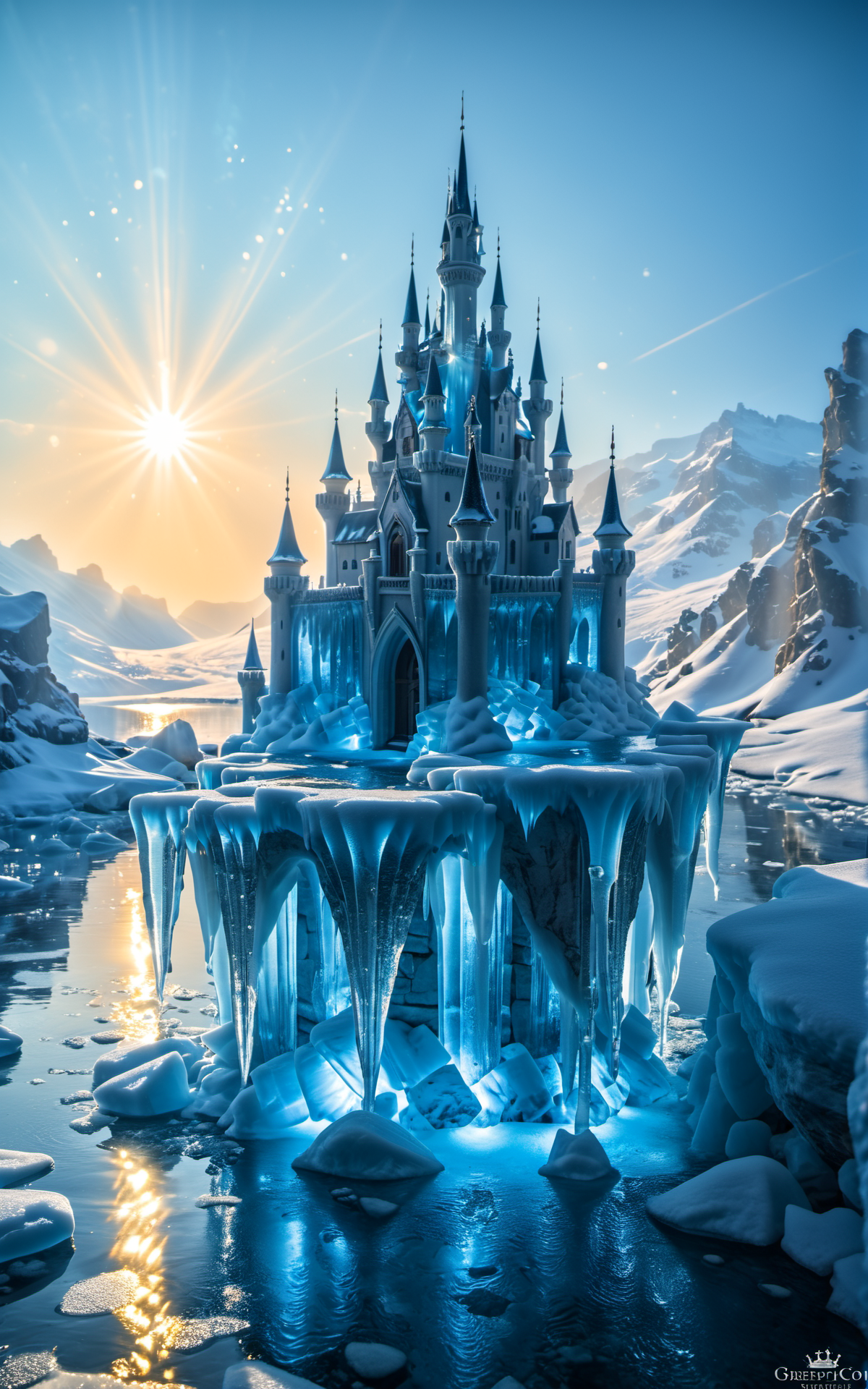 cinematic film still intricately called ice castle melting in the sun,crystal blue ice,flowing drops of water,reflective lights,refracted sunlight,spectacular image,ultra_detailed,8k.  masterpiece,trending on artstation,sharp focus,studio photo,intricate details,highly detailed,by greg rutkowski, . shallow depth of field, vignette, highly detailed, high budget, bokeh, cinemascope, moody, epic, gorgeous, film grain, grainy