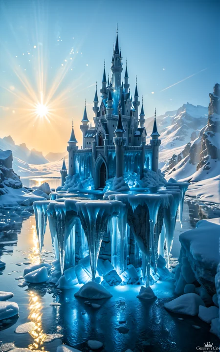 cinematic film still intricately called ice castle melting in the sun,crystal blue ice,flowing drops of water,reflective lights,refracted sunlight,spectacular image,ultra_detailed,8k. masterpiece,trending on artstation,sharp focus,studio photo,intricate details,highly detailed,by greg rutkowski, . shallow depth of field, vignette, highly detailed, high budget, bokeh, cinemascope, moody, epic, gorgeous, film grain, grainy