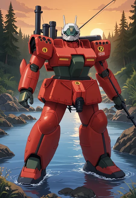 score_9, score_8_up, score_7_up, source_anime, front view, BREAK, ( guncannon_mass_production_type, riverside, looking at viewer,) 1mech, copper mech, copper armor, metallic armor, water side, river bank, fishing, fishing rod, fishing pole, fishing line, holding fish, showing fish to viewer, shoulder cannons stowed, mech focus, solo, BREAK, two arms,