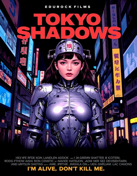movie poster, title: "TOKYO SHADOWS", up "EDUROCK FILMS,", "Subtext red: "I'm alive, don't kill me", show movie credits, <lora:MoviePoster02-00_CE_FLUX_128AIT:1> mvpstrCE style, very detailed pretty young cyberpunk anime afraid woman dressing a brilliant silver armor with neon lights, anime, cyberpunk, futuristic, sci-fi, neon lights, colorful, holograms, monitors, screens, tokyo city buildings, <lora:Hand v2:1> <lora:Anti-Blur:1> <lora:CPA:1> <lora:MoviePoster02-00_CE_FLUX_128AIT:1> mvpstrCE style
