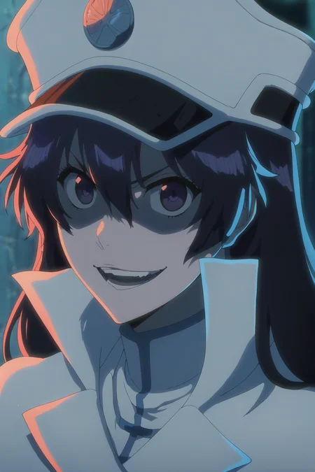 score_9, score_8_up, score_7_up, source_anime,anime screencap,anime coloring, safe for work, detailed face, detailed eyes
<lora:Bambietta_Basterbine:1>Long hair, black hair, hair between eyes, dark purple eyes, Bambietta normal outfit, hat, peaked cap,  white headwear, 
(headshot photo), evil grin, looking at the viewer, open mouth, smile, teeth,