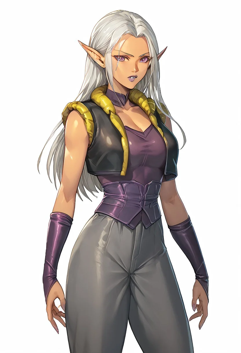 score_9, score_8_up, score_7_up BREAK homare style, 1girl, solo, dark elf, long hair, pointy ears, dark skin metamoran vest,