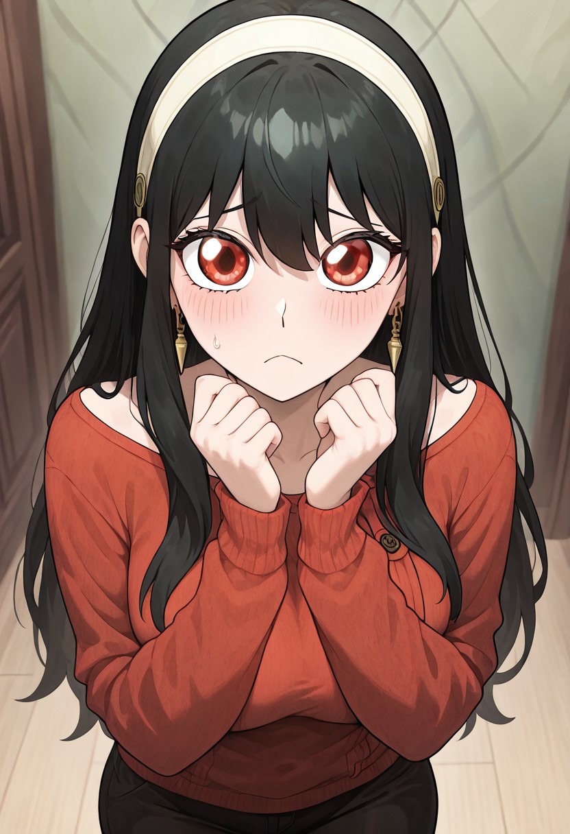 masterpiece, best quality, newest, absurdres, highres, P/PEV1.0, pleading eyes, 1girl, yor_forger, spy_x_family, black_hair, red_eyes, red sweater