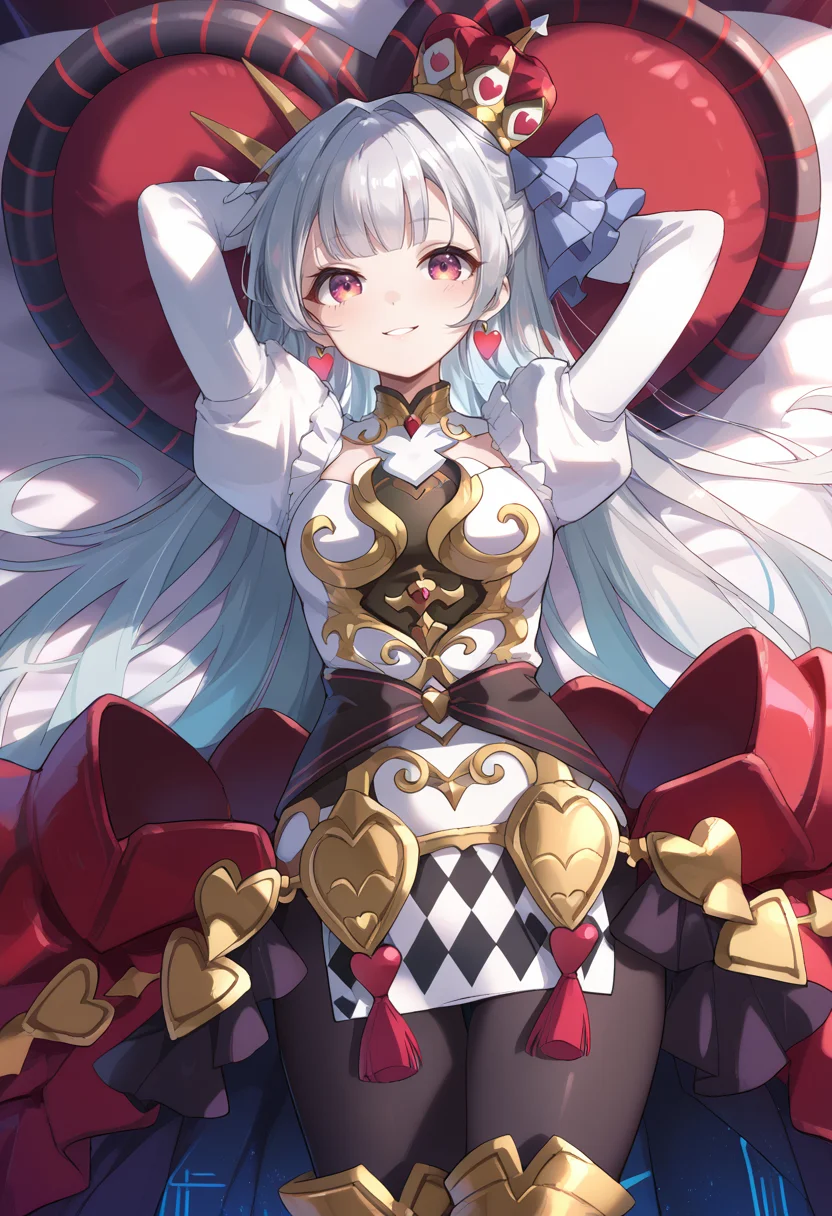 (score_9:0.9),score_8_up,score_7_up,rating_safe,anime style,(zPDXL),(zPDXL3),<lora:MALICE Queen Hearts of Crypter ponyXL v1:0.76>,mâlice queen hearts of crypter,1girl,solo,red crown,looking at viewer,heart earrings,black pantyhose,smile,multicolored dress,gold armored boots(glitch),heart halo,lying,on bed,arms up,