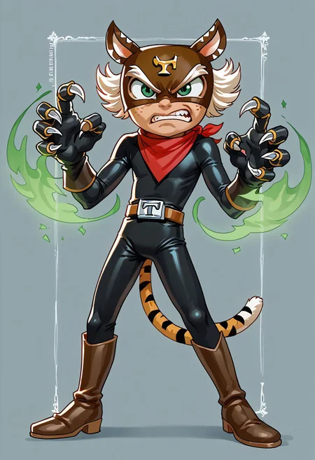 score_9, score_8_up, score_7_up, CuteCartoonStyle, 1boy, solo, male focus, El_Tigre, Mask, Green Eyes, white sideburns, Freckles, Cat Ears, Black Bodysuit, belt buckle, brown boots, Red Bandana around neck, black Gloves, tail, claws, green aura, angry,