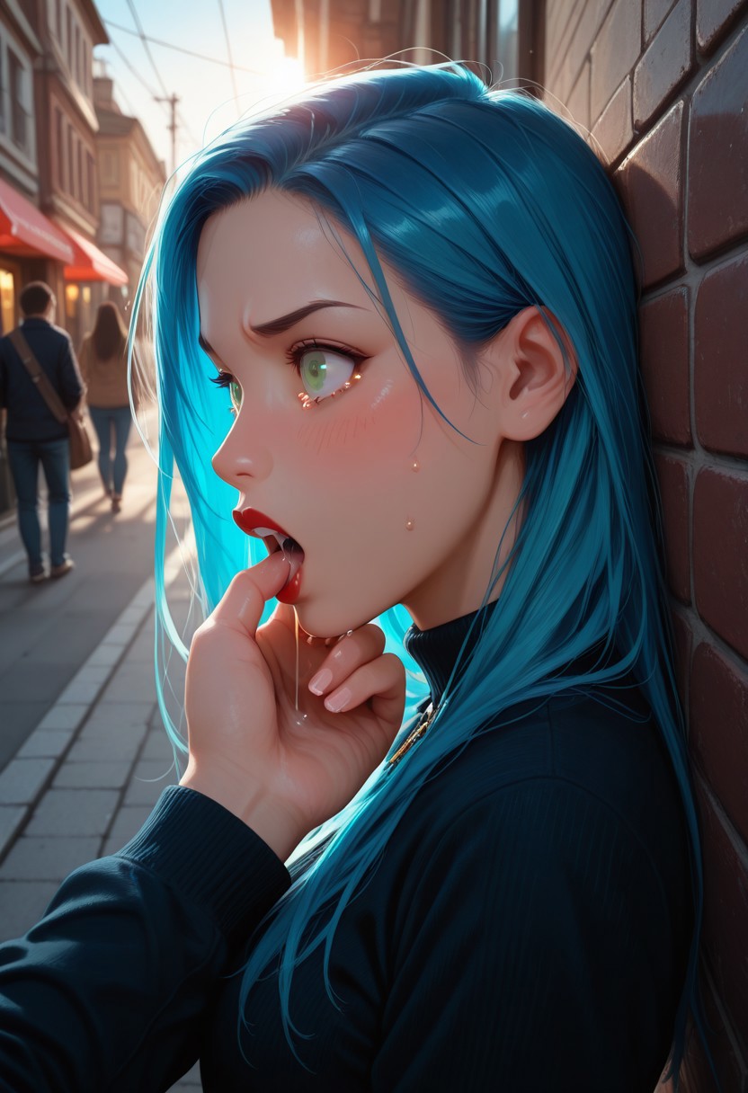 masterpiece, best quality, very aesthetic, absurdres, cinematic lighting, detailed, intricate details, dynamic angle,
BREAK,
1girl, stunning 24yo, long hair, blue hair, green eyes, red lips, 
BREAK,
(standing:1.2),
(profile, from side),
(hand in another's mouth), open mouth, face focus, mouth focus,
saliva, 
BREAK,
angry, tears, tearing up, blushing, wince, wide eyed,
BREAK,
on the sidewalk, public street, day, sunlight, people in the background,