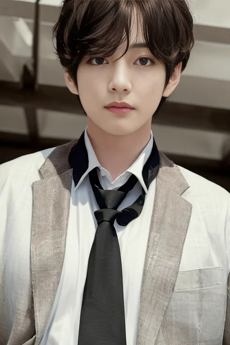 (1boy), (best quality), (masterpiece), (high resolution), (intricate details), (photorealistic), (cinematic light) <lora:kboys:0.8>
solo, male focus, black hair, realistic, necktie, looking at viewer, shirt, jacket, white shirt, brown jacket, lips, portrait, formal, messy hair, closed mouth, artist name, signature, plaid, black eyes, plaid necktie, collared shirt, short hair, upper body