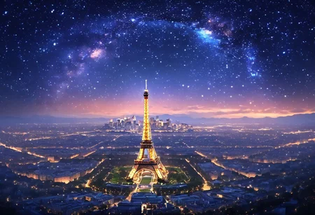 beautiful city in the night sky with Eiffel tower in her center, stars, anime style, dreamy, fantasy. The painting depicts a beautiful city under the night sky filled with stars in the realistic style. The scene seems dreamy and fantastical, 8K, ultrarealistic