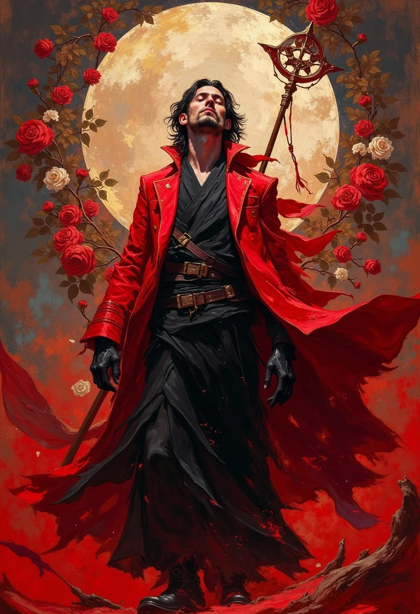 DB4RZ style painting masterpiece, HD32K, wallpaper, hyperdetailed, Kane, the messiah, red and black, peace through power