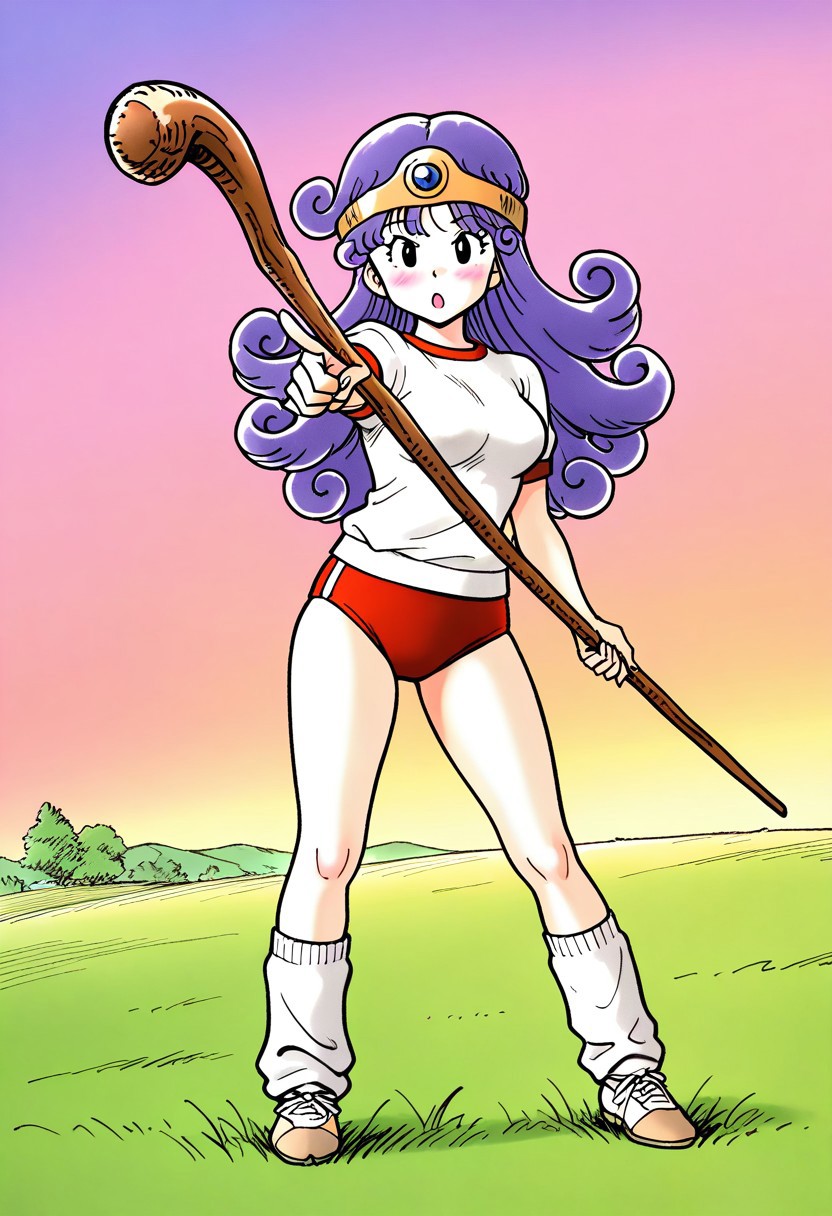 general,highres, ultra-detailed,very aesthetic,best quality ,best hands,  BREAK   1girl,black eyes, long hair, blue hair,  purple hair, sage (dq3), breasts, curly hair, 
solo,((gym uniform)),((buruma)),loose socks,Lofer, staff,  holding, open mouth, circlet, looking at viewer, :o, holding staff, pointing, 
 full body,blush, standing, index finger raised,
grass, sky,