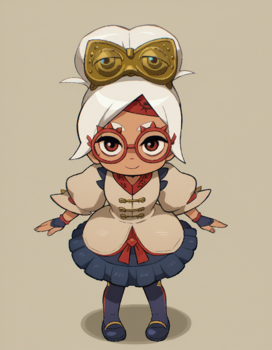 zPDXL, score_9, score_8_up, score_7_up, source_anime, 1girl, solo,
 <lora:LilPurah_v1.2:0.8> purah, sheikah, white hair, dark-skinned female, child, thick eyebrows, red eyes, red-framed eyewear, hair bun, goggles on head, beige jacket, blue skirt, frilled skirt, blue socks, kneehighs, blue footwear, mary janes, red headband, fingerless gloves, blue gloves, petticoat, light smile, <lora:ScottP-v2-3:0.8> scttp