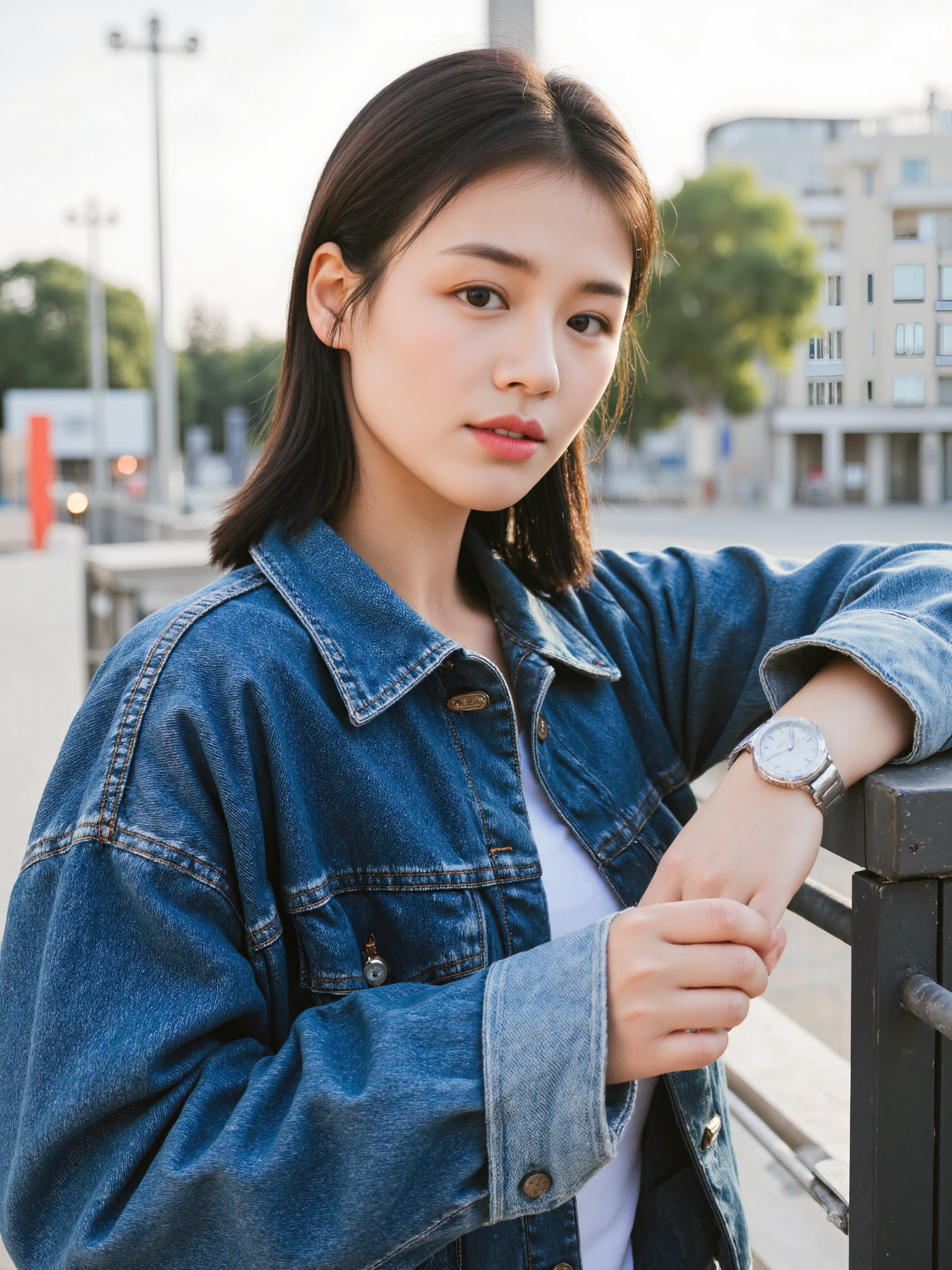 This is a high-resolution photograph featuring a young Asian woman with a fair complexion and long, straight black hair. She is standing outdoors in a city setting, with a blurred background of buildings and trees. The lighting is natural, likely from the late afternoon sun, casting soft shadows and highlighting her features. She is wearing a large, blue denim jacket over a white top, with the jacket's sleeves rolled up to her elbows. Her expression is neutral, with a slight tilt of her head, and she gazes directly at the camera, creating a sense of intimacy. She has a delicate silver watch on her left wrist, which is resting on a vertical surface, adding a casual yet stylish touch. The composition follows the rule of thirds, with the woman positioned off-center to the right, drawing the viewer's eye to her face and upper body. The overall style is modern and minimalist, emphasizing natural beauty and urban chic.