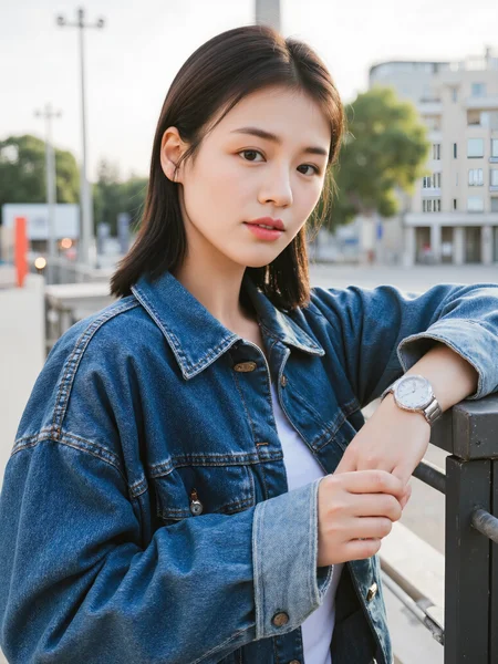 This is a high-resolution photograph featuring a young Asian woman with a fair complexion and long, straight black hair. She is standing outdoors in a city setting, with a blurred background of buildings and trees. The lighting is natural, likely from the late afternoon sun, casting soft shadows and highlighting her features. She is wearing a large, blue denim jacket over a white top, with the jacket's sleeves rolled up to her elbows. Her expression is neutral, with a slight tilt of her head, and she gazes directly at the camera, creating a sense of intimacy. She has a delicate silver watch on her left wrist, which is resting on a vertical surface, adding a casual yet stylish touch. The composition follows the rule of thirds, with the woman positioned off-center to the right, drawing the viewer's eye to her face and upper body. The overall style is modern and minimalist, emphasizing natural beauty and urban chic.