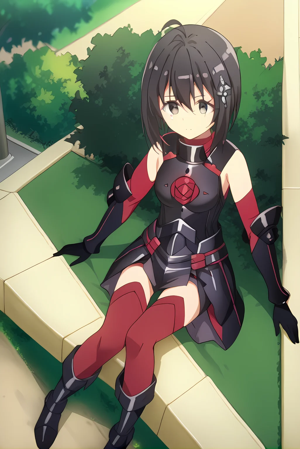 (black armor black gloves black boots red sleeves red thighhighs), bof-maple, black hair, hair ornament, medium breasts, 1girl, solo, skinny, feet, score_9, score_8, score_7, source_anime, horny, park, (1.3::full body|sitting|standing|lying|0.6::close-up| :1.20), <lora:bof-maple-V01-000005:1.00>