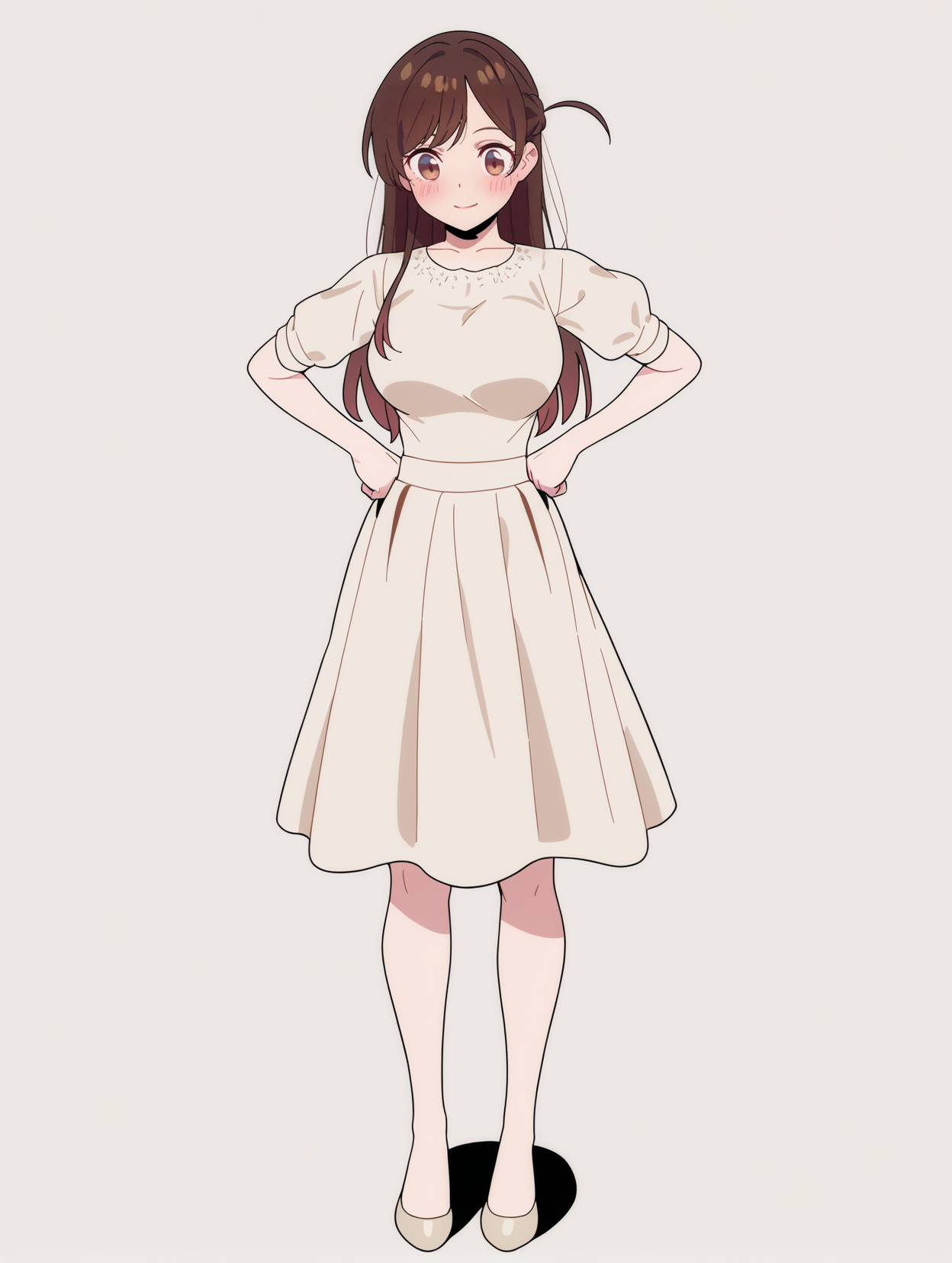 masterpiece,best quality,amazing quality,very aesthetic,absurdres,newest,
front view,full_shot,Wry smile,
ChinoseChizuruCYQL,1girl,solo,brown hair,long hair,bangs,brown eyes,large breasts,Classic and timeless A-line dress with a boat neckline and cap sleeves,
full body,standing,hands_on_hips,,
silver background,simple background,
<lora:ponyv4_noob1_2_adamW:0.7>,<lora:semham4:0.8>,,<lora:ChinoseChizuruCYQL:1>,