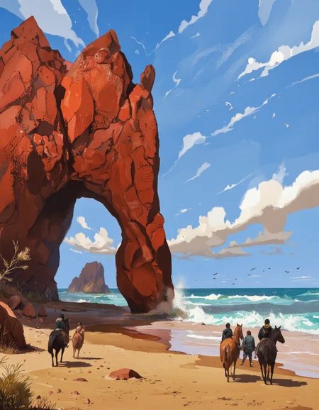 Art by Ismail Inceoglu.
A digital illustration shoot from the side about a scenic beach scene featuring a large rock formation with a unique archway, accompanied by three figures on horseback. the scene is set against a bright blue sky with fluffy white clouds and seagulls flying in the distance. on the left side of the image, a large red rock with intricate patterns is visible, and on the right side, a group of three people are standing on the beach, looking out at the vast expanse of the ocean. the people are dressed in casual clothing and appear to be engaged in conversation, with one person sitting on a horse and the other two standing beside them. the horses are black and brown, and they are facing away from the viewer. the beach is sandy, with the ocean stretching out in front of them, and the sky is a clear blue with a few white clouds scattered throughout.