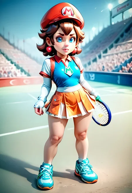 <lora:MtF_Genderswap:1>, genderswap \(mtf\), Mario, facing forward, mario hat, adult woman, extremely large nose, extremely bulbous nose, very wide face, circular head shape, wide chin, wide jawline, brown hair, lightly curly hair, blue eyes, average bust, wide hips, super crown, tennis wear, tennis uniform, two-tone skirt, fully clothed, zPDXL, score_9, score_8_up, score_7_up, score_6_up, score_5_up, score_4_up,
full body render, full body, photorealistic image, realistic image, high quality, detailed face, realistic human proportions, detailed clothes,