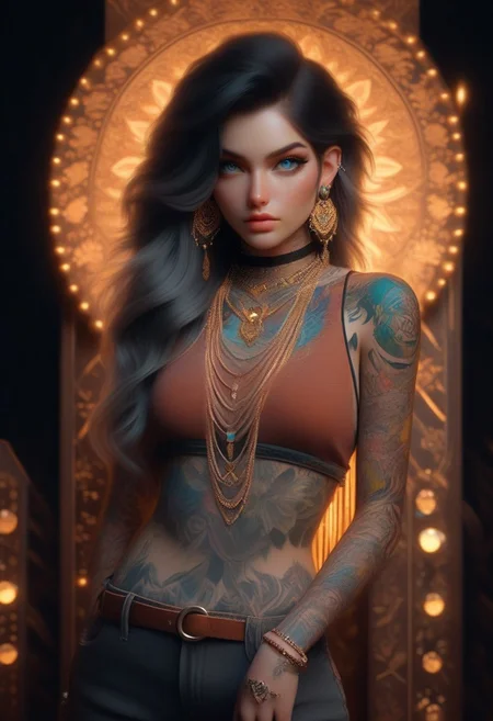 1girl, tattoo,looking at viewer, adorned with jewelry,<lora:outlaws_By_clarity_StyleXL:1>, Pixel-perfect precision, pristine detail, 8K resolution, high fidelity, Wide range of colors. Insane quality, full body