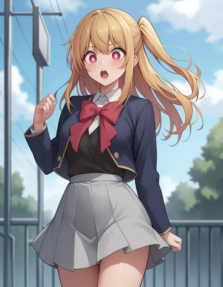 score_9, score_8_up, score_7_up, score_6_up, score_5_up, score_4_up, source_anime, 1girl, thin body, medium breasts, <lora:brj-ruby-pony-v0.5:0.8>, hoshino ruby, blonde hair, long hair, one side up, red eyes, mismatched pupils, star-shaped pupils, school uniform, red bow, grey skirt, legs, hips, shocked