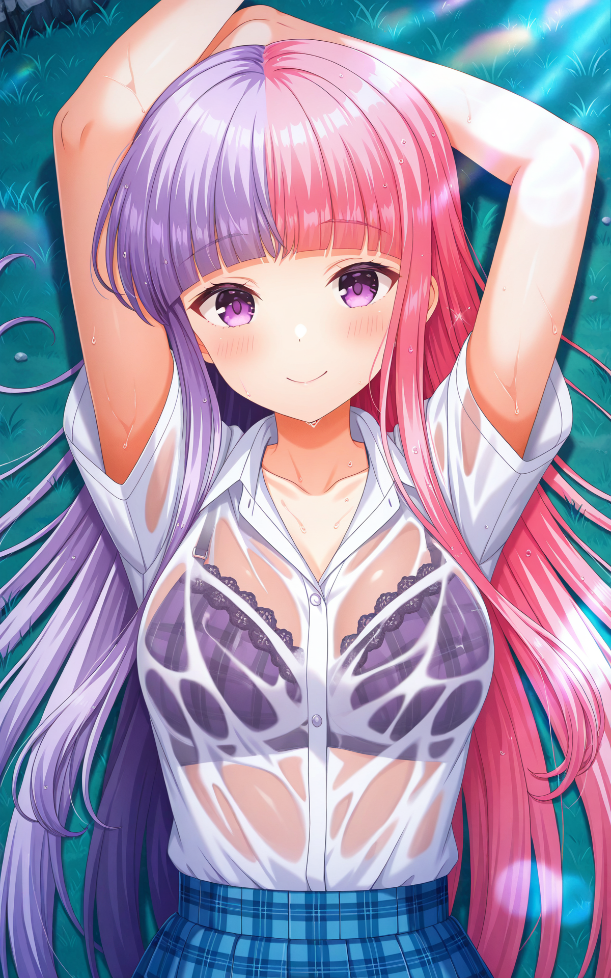 masterpiece, best quality, good quality, newest,4k, perfect lighting, cinematic, very aesthetic, official art, anime screencap, anime coloring,outdoors,sunlight,
1girl,solo,hina nigaki,multicolored hair,two-tone hair,split-color hair,purple hair,pink hair,blunt bangs, purple eyes, wet,
seio school uniform,white shirt,collared shirt,bra visible through clothes,short sleeves,collarbone,blue skirt,plaid skirt,
looking at viewer,smile,blush,lying,on back,arms up,from above,upper body,BREAK
 <lora:ILhina:0.9>