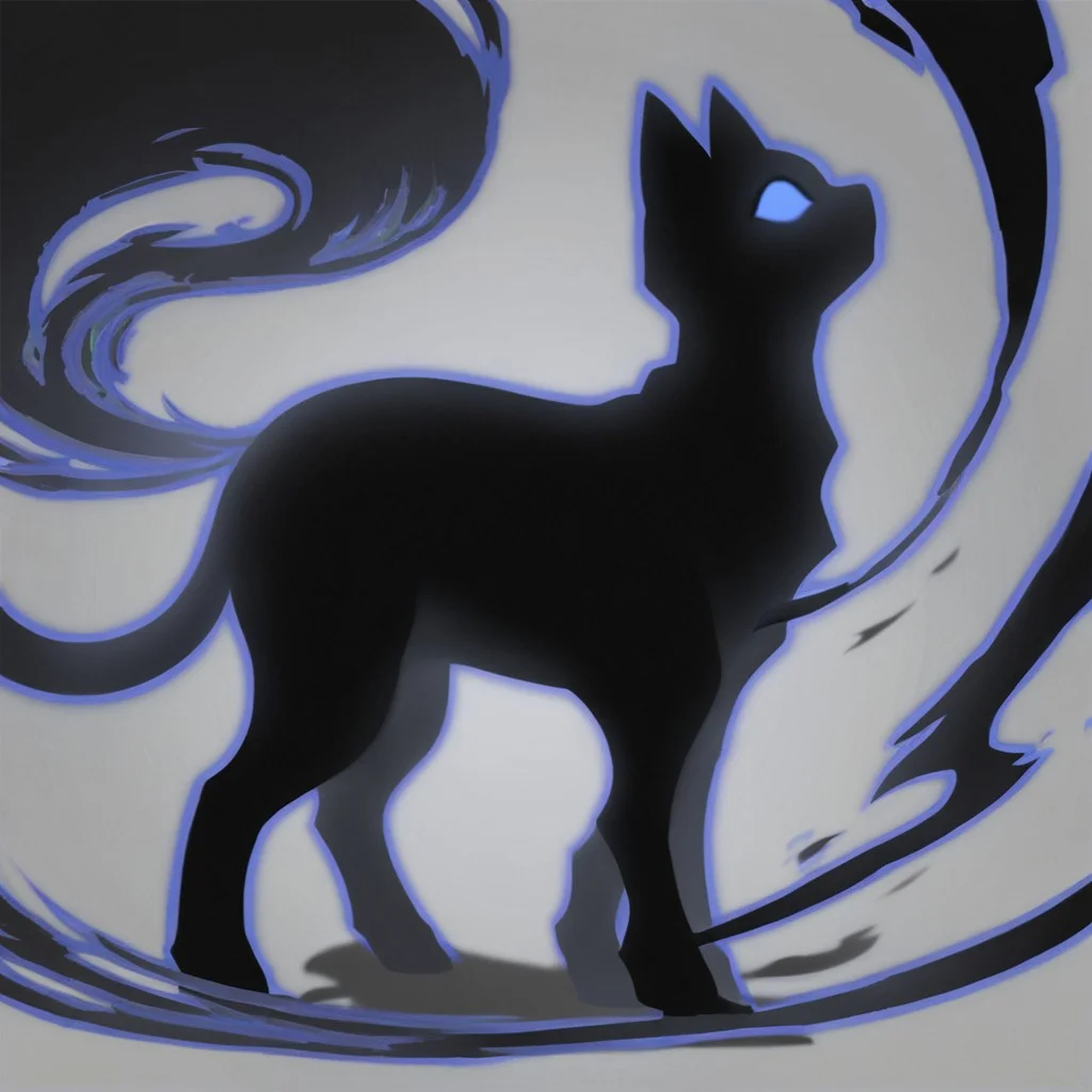 shadow_cat, black cat, silhouette, shadow energy, blue sclera, no pupils, profile, standing on hind legs, solo, white background