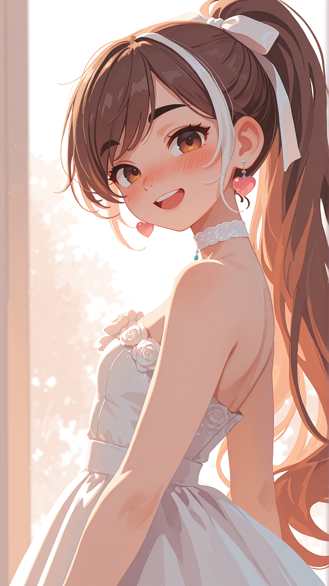 1girl, <lora:t4kar4i_shunsuk3:0.8> t4kar4i_illu, no_outlines,no lineart, <lora:add-detail-xl:1>,
masterpiece,best quality,
very long hair, brown hair, swept bangs, high ponytail, white hair ribbon, black eyebrows, thick eyebrows, brown eyes, warm expressive eyes, detailed eyes, blush cheeks, nose blush, heart-shaped earrings, smile, soft and elegant smile, upper teeth only, white choker, satin choker, strapless dress, white dress, bare shoulders, delicate fabric details, 
sunlight casting soft highlights on her face and shoulders, dreamy and ethereal atmosphere, painterly, warm and pastel color palette, cinematic composition, three-quarter view, gentle and refined expression, soft depth of field, elegant and graceful pose
looking at viewer, facing to the side, shadows