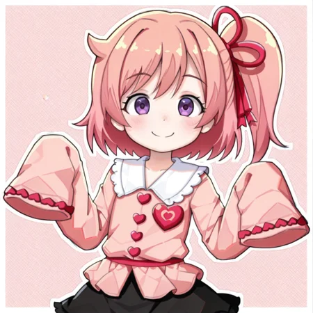 lazypos, character focused, anime girl, short hair, pink highlights, side ponytail, playful pose, winking expression, black skirt, pink blouse, white collar, red ribbon, purple eyes, cute smile, modern outfit, decorative trim, heart buttons, energetic mood, clean background, soft shading, kawaii style, vibrant palette, bopstyle
