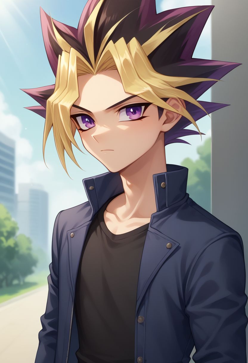 score_9, score_8_up, source_anime, highly detailed, 
yami, 1boy, male focus, blonde hair, solo, purple eyes, multicolored hair, shirt, black shirt, jacket, closed mouth, spiked hair,
outdoor,  upper body,