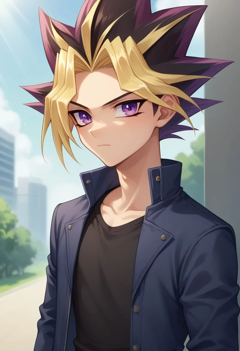 score_9, score_8_up, source_anime, highly detailed, 
yami, 1boy, male focus, blonde hair, solo, purple eyes, multicolored hair, shirt, black shirt, jacket, closed mouth, spiked hair,
outdoor,  upper body,