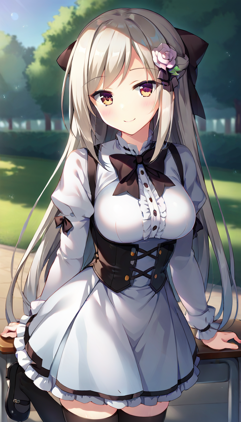 score_9,score_8_up,score_7_up,score_6_up BREAK official art,solo,outdoors,upper body,(portrait:1.5),looking at viewer,facing viewer,smile,blush,Enamori Senri,very long hair,silver hair,hair bow,hair flower,hair ornament,side swept bangs,sidelocks,brown eyes,school uniform,long sleeves,white shirt,puffy sleeves,black bow,black ribbon,medium breasts,white skirt,frilled skirt,zettai ryouiki,black thighhighs,black footwear,mary janes,<lora:Enamori Senri(pa)-Pony:1.2>,