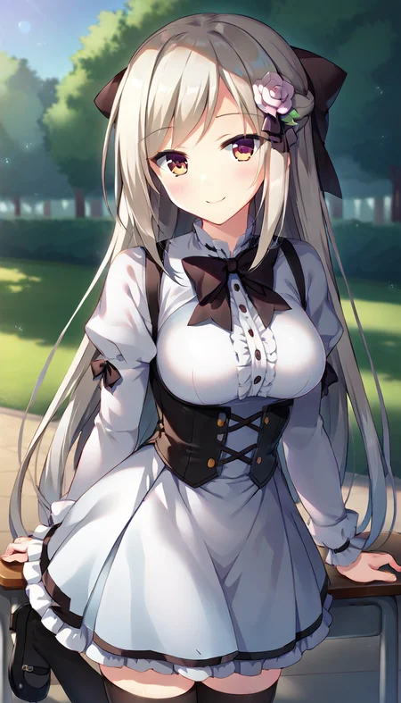score_9,score_8_up,score_7_up,score_6_up BREAK official art,solo,outdoors,upper body,(portrait:1.5),looking at viewer,facing viewer,smile,blush,Enamori Senri,very long hair,silver hair,hair bow,hair flower,hair ornament,side swept bangs,sidelocks,brown eyes,school uniform,long sleeves,white shirt,puffy sleeves,black bow,black ribbon,medium breasts,white skirt,frilled skirt,zettai ryouiki,black thighhighs,black footwear,mary janes,<lora:Enamori Senri(pa)-Pony:1.2>,