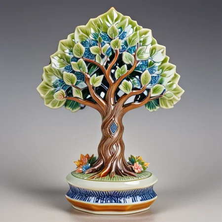 A beautifully crafted colorful ceramic and porcelain figurine of a tree, colorful HDR background <lora:CeramicXL_LoRA:1>