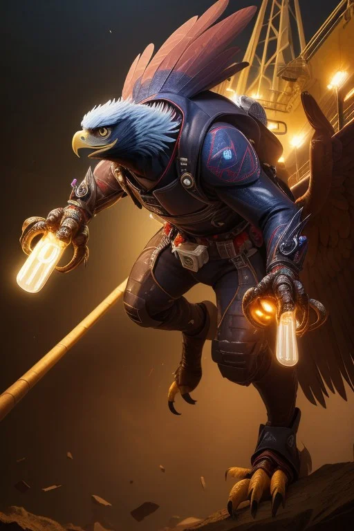 (ultra high res:1.4), (masterpiece), (beautiful lighting:1.4) , An menacing ladybug eagle hybrid creature with bullet like feathers in a oil rig and guns everywhere, hyperrealistic