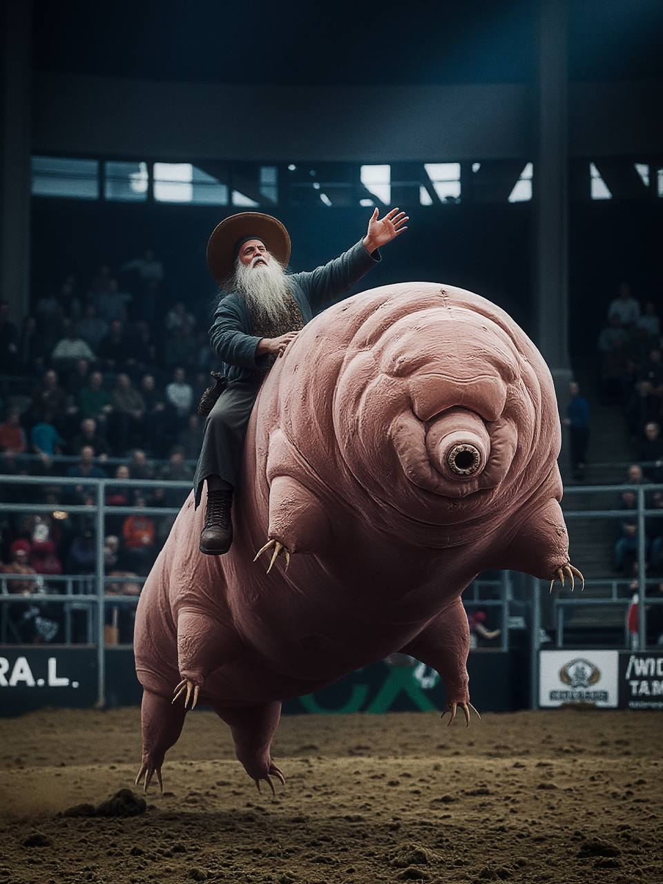 A surreal and action-packed scene of Wizard Whitebeard competing in a bull-riding rodeo, but instead of a bull, he’s riding a massive, textured tardigrade. The wizard, wearing a classic wide-brimmed wizard's hat, a tattered robe, and has a long white beard, grips tightly onto the tardigrade’s bumpy back with one hand, while his other hand waves wildly in the air for balance. The tardigrade’s massive, soft pink body glistens under the bright rodeo lights, its stubby legs flailing as it bucks and twists with surprising energy.
