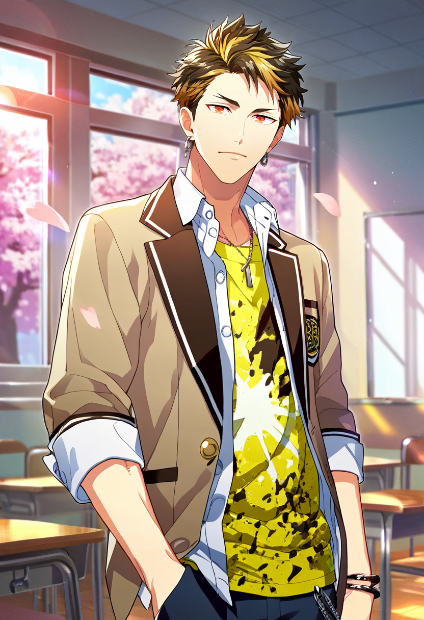 1boy, male focus, solo focus,
  <lora:Character - Wind Boys - Reito Tsuji:1> reitotsuji, black hair, multicolored hair, red eyes, bracelet, necklace, earrings,
((zPDXL)), score_9_up, score_8_up, score_7_up, score_6_up, score_5_up, score_4_up, best quality, amazing quality, best aesthetic, absurdres, year2023, uncensored, nsfw, official art, official style, depth of field, detailed eye,
indoors, window, cowboy shot, classroom, standing, notice lines, noticing viewer, cherry blossoms, 
school uniform, yellow shirt, necklace, bracelet, blazer,