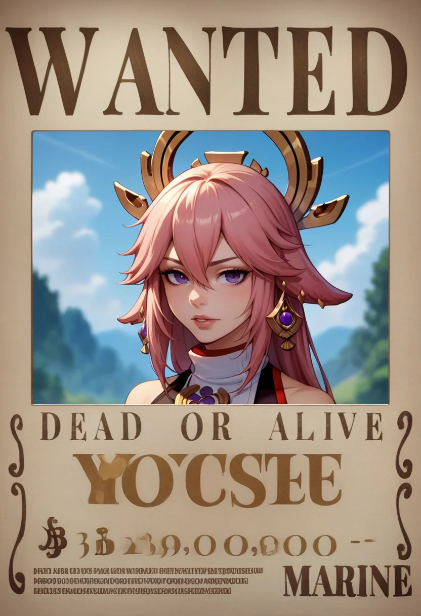 score_9, score_8_up, score_7_up, wanted, poster, character name, cover, yae miko, <lora:WantedPoster_pdxl_Incrs_v1:1.1>, english text, cowboy shot,